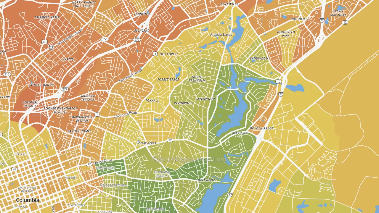 Map of the best neighborhoods in the Forest Acres area, with better matches in green and worse matches in red