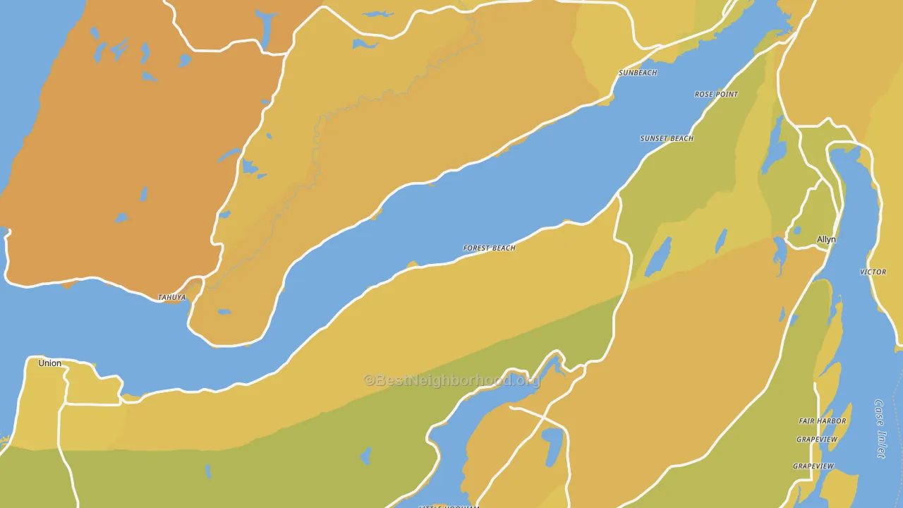 Map of the best neighborhoods in the Forest Beach area, with better matches in green and worse matches in red