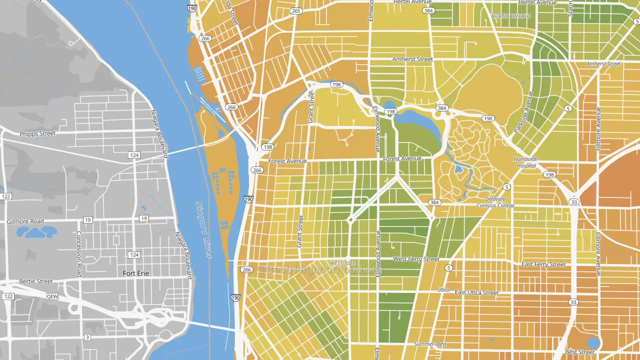 Map of the best neighborhoods in the Forest, Buffalo area, with better matches in green and worse matches in red