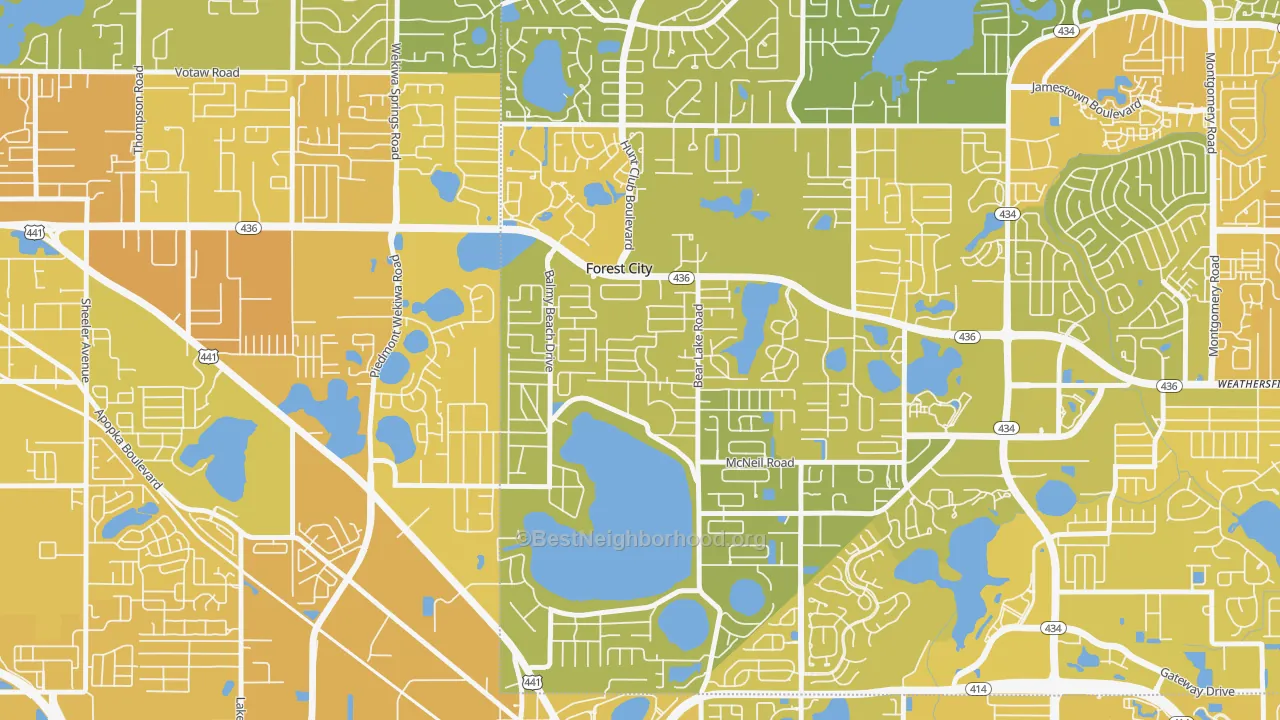 Map of the best neighborhoods in the Forest City area, with better matches in green and worse matches in red