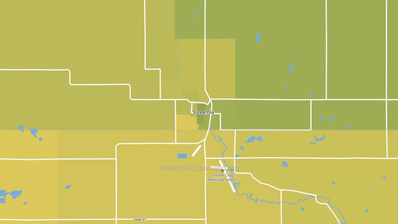 Map of the best neighborhoods in the Forest City area, with better matches in green and worse matches in red