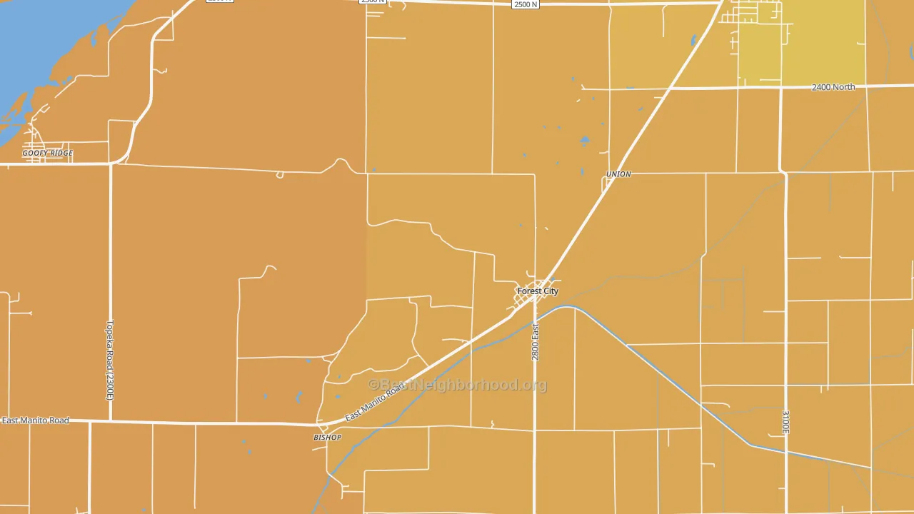 Map of the best neighborhoods in the Forest City area, with better matches in green and worse matches in red