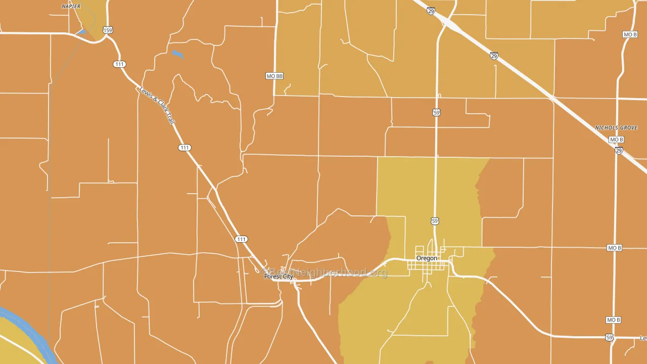 Map of the best neighborhoods in the Forest City area, with better matches in green and worse matches in red