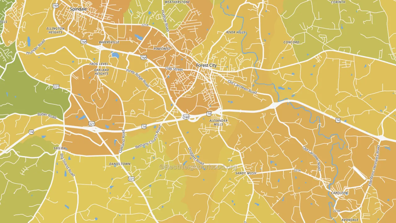 Map of the best neighborhoods in the Forest City area, with better matches in green and worse matches in red