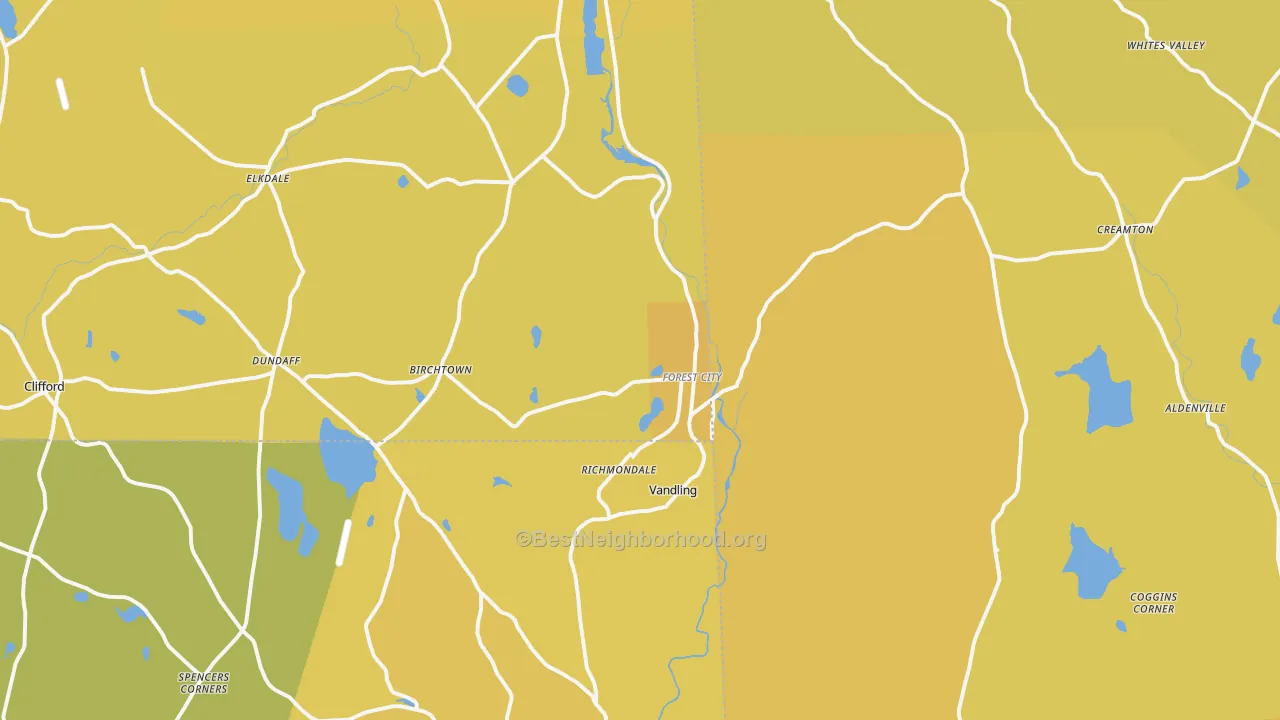 Map of the best neighborhoods in the Forest City area, with better matches in green and worse matches in red
