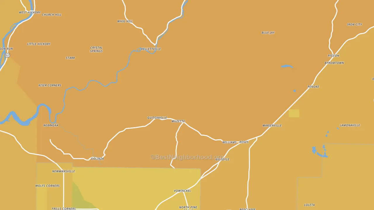 Map of the best neighborhoods in the Forest County area, with better matches in green and worse matches in red