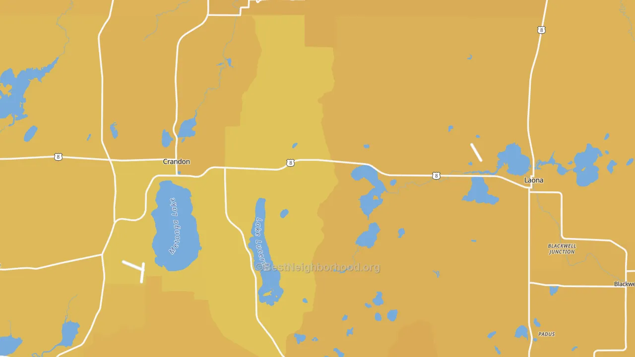 Map of the best neighborhoods in the Forest County area, with better matches in green and worse matches in red