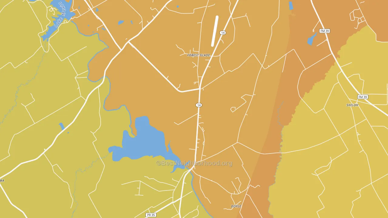 Map of the best neighborhoods in the Forest Glade area, with better matches in green and worse matches in red