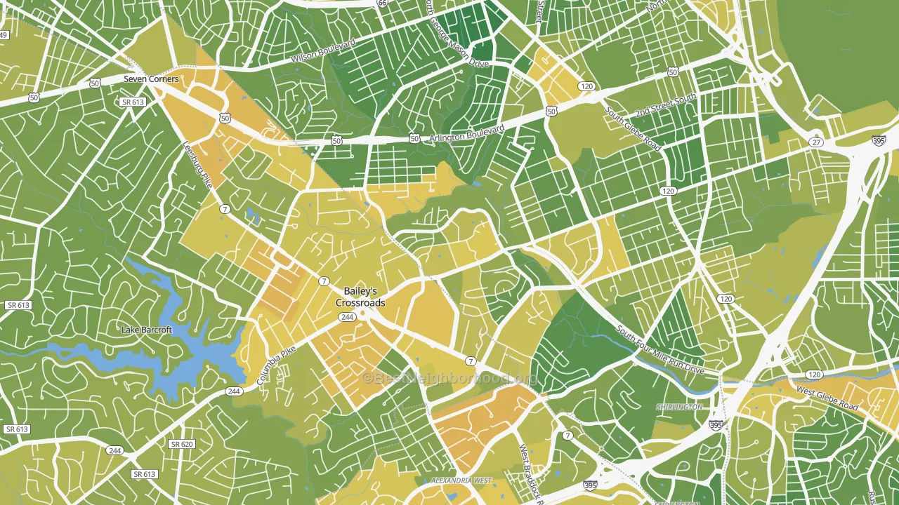 Map of the best neighborhoods in the Forest Glen, Arlington area, with better matches in green and worse matches in red