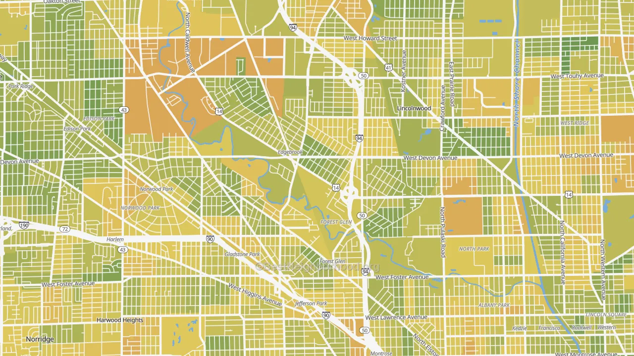 Map of the best neighborhoods in the Forest Glen, Chicago area, with better matches in green and worse matches in red