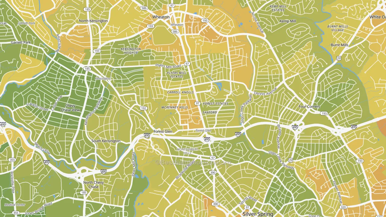 Map of the best neighborhoods in the Forest Glen, Silver Spring area, with better matches in green and worse matches in red