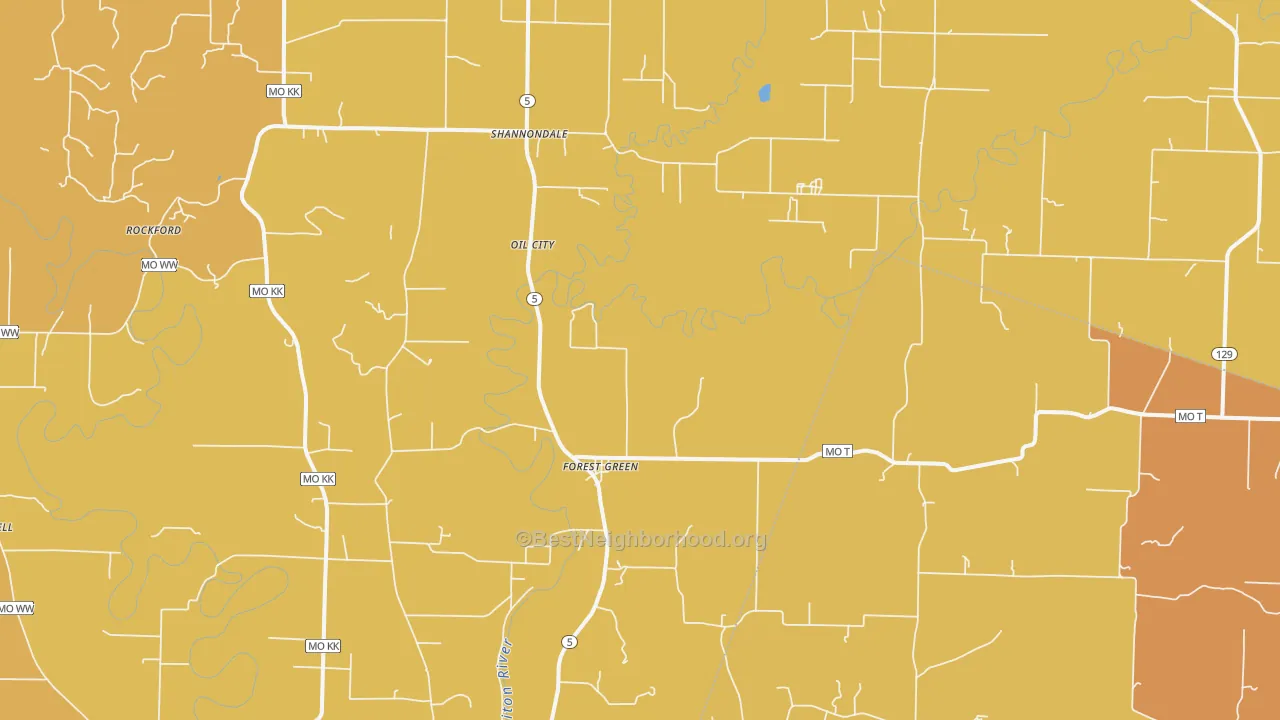 Map of the best neighborhoods in the Forest Green area, with better matches in green and worse matches in red
