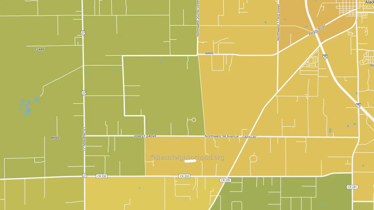 Map of the best neighborhoods in the Forest Grove area, with better matches in green and worse matches in red