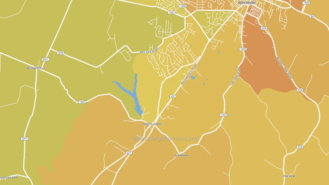 Map of the best neighborhoods in the Forest Grove area, with better matches in green and worse matches in red
