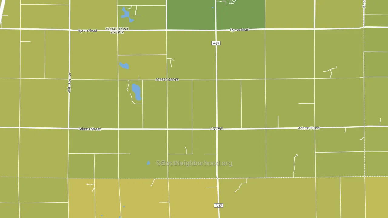Map of the best neighborhoods in the Forest Grove area, with better matches in green and worse matches in red