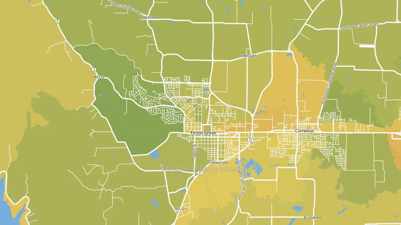 Map of the best neighborhoods in the Forest Grove area, with better matches in green and worse matches in red