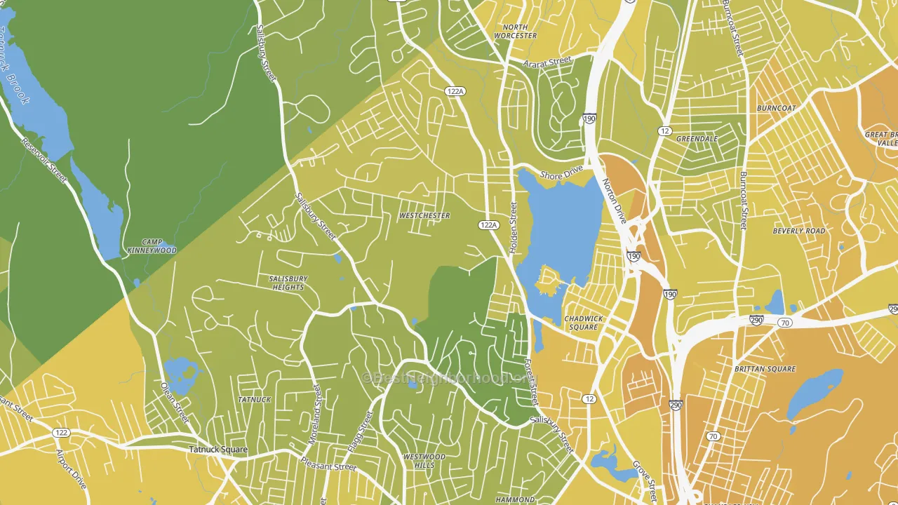 Map of the best neighborhoods in the Forest Grove, Worcester area, with better matches in green and worse matches in red