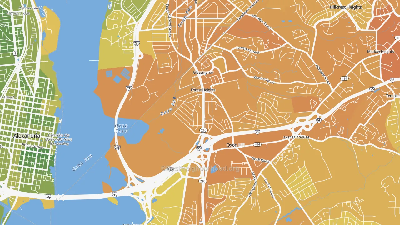 Map of the best neighborhoods in the Forest Heights area, with better matches in green and worse matches in red