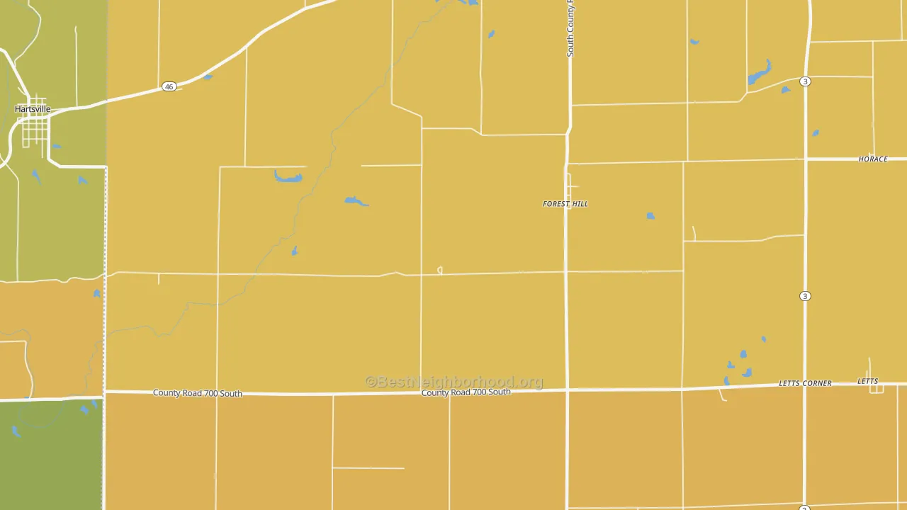 Map of the best neighborhoods in the Forest Hill area, with better matches in green and worse matches in red