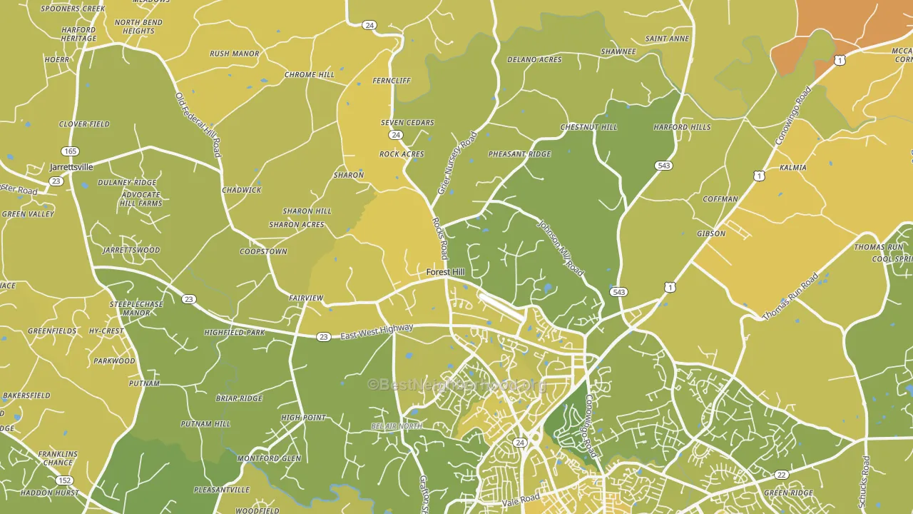 Map of the best neighborhoods in the Forest Hill area, with better matches in green and worse matches in red