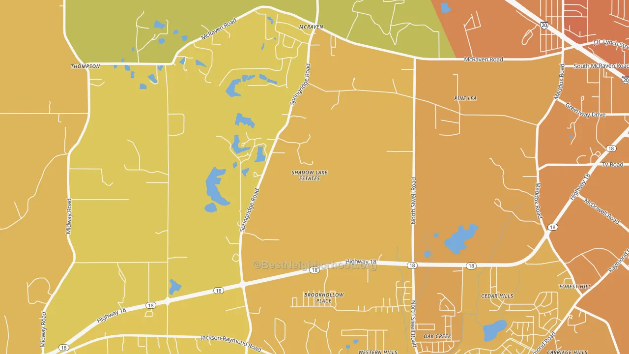 Map of the best neighborhoods in the Forest Hill area, with better matches in green and worse matches in red