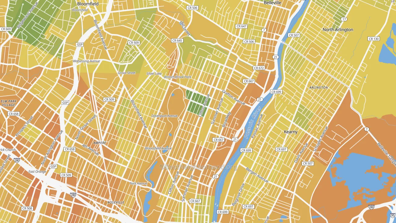 Map of the best neighborhoods in the Forest Hill, Newark area, with better matches in green and worse matches in red