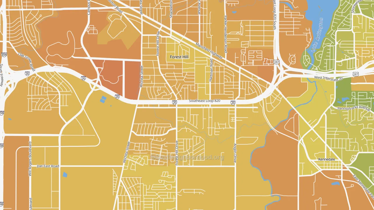 Map of the best neighborhoods in the Forest Hill area, with better matches in green and worse matches in red