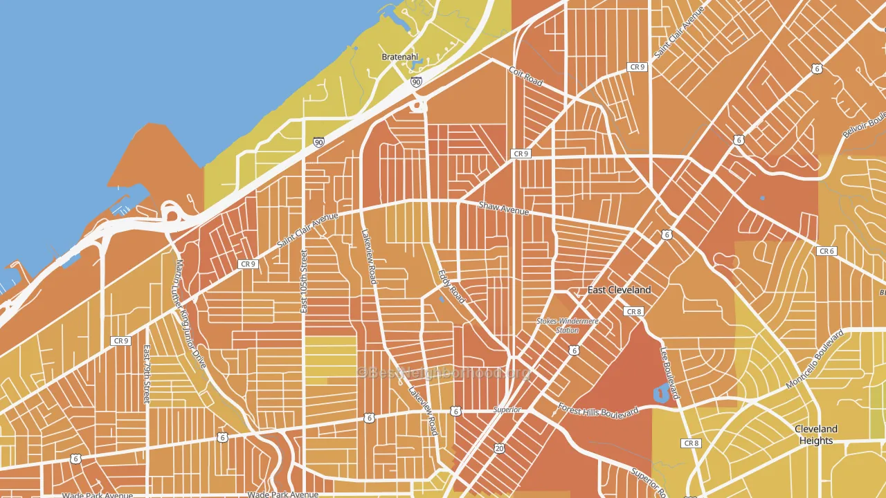 Map of the best neighborhoods in the Forest Hills, Cleveland area, with better matches in green and worse matches in red