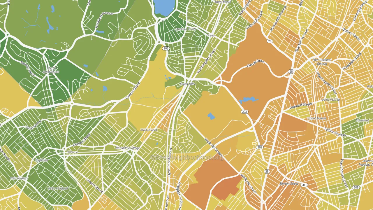 Map of the best neighborhoods in the Forest Hills, Jamaica Plain area, with better matches in green and worse matches in red