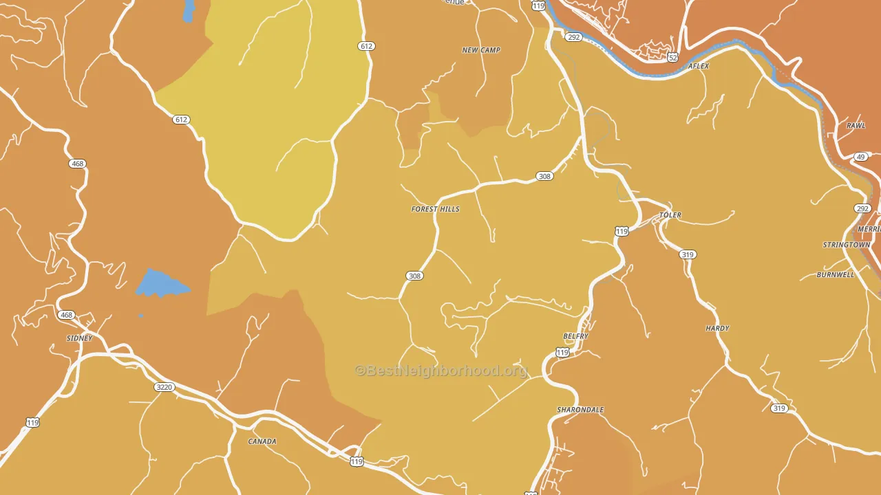 Map of the best neighborhoods in the Forest Hills area, with better matches in green and worse matches in red