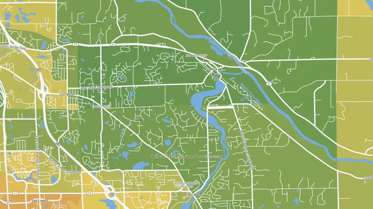Map of the best neighborhoods in the Forest Hills area, with better matches in green and worse matches in red