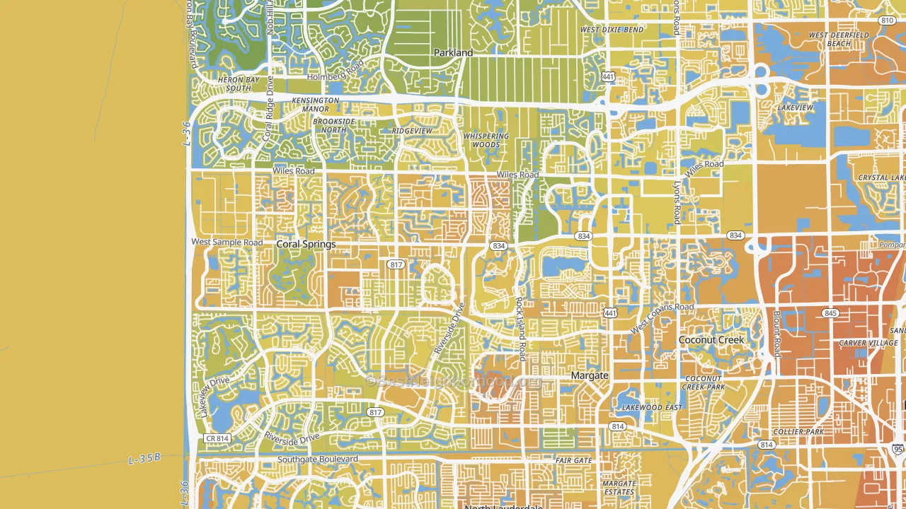 Map of the best neighborhoods in the Forest Hills-Miami, Coral Springs area, with better matches in green and worse matches in red