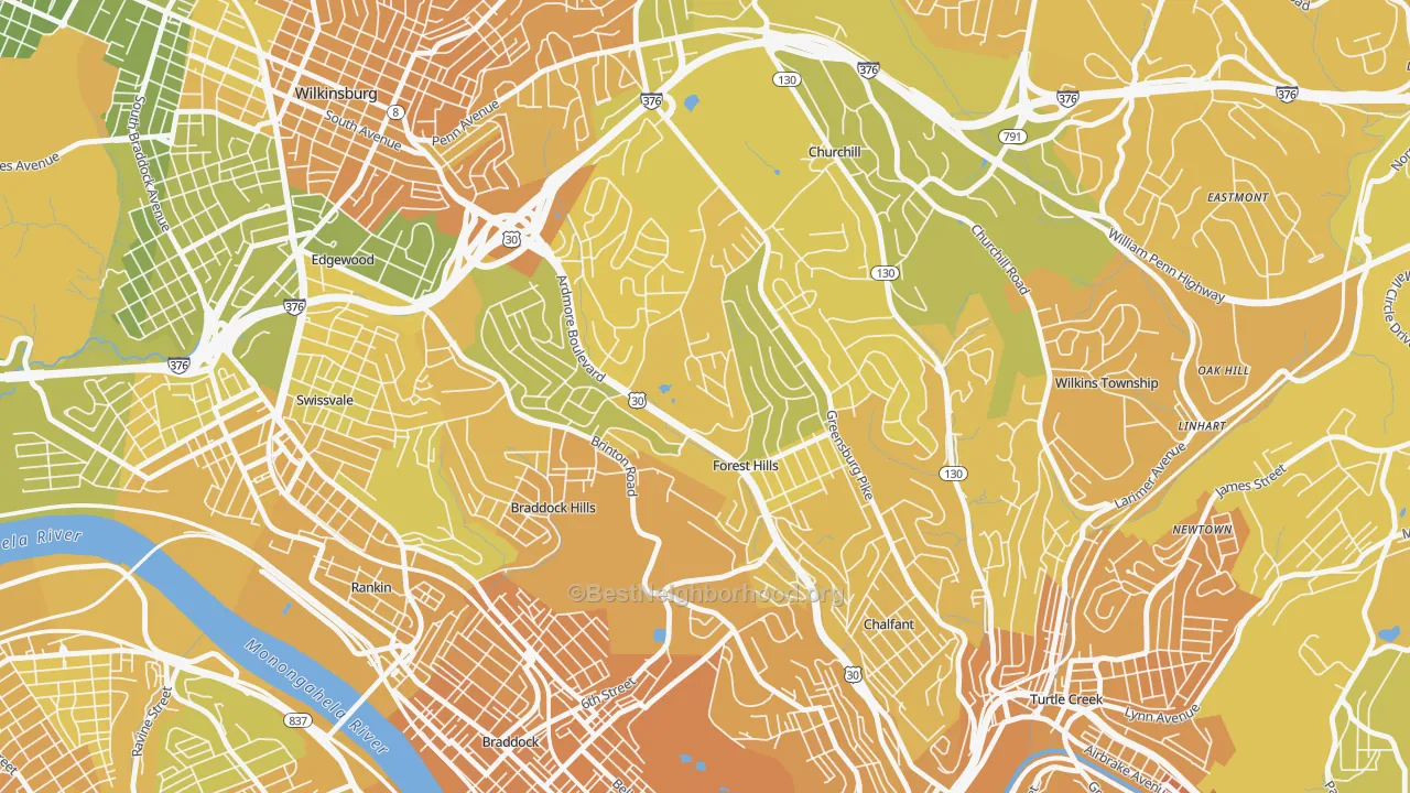Map of the best neighborhoods in the Forest Hills area, with better matches in green and worse matches in red