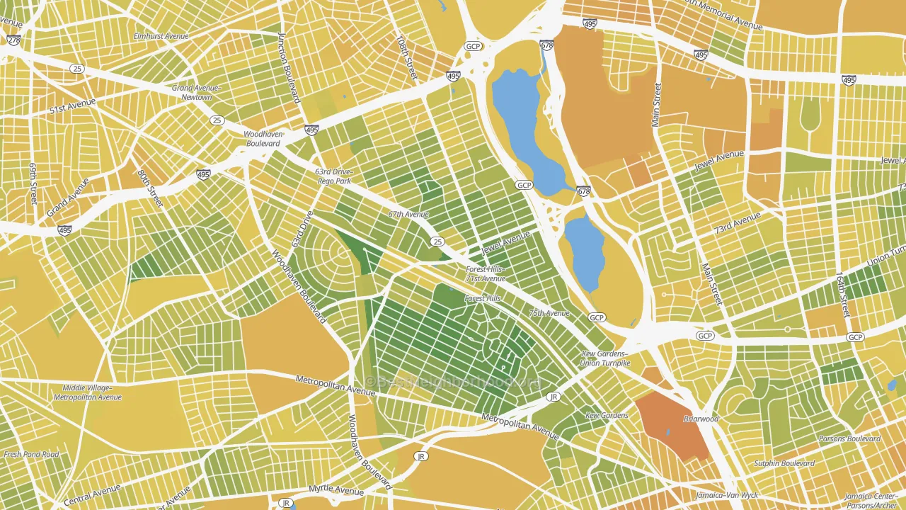 Map of the best neighborhoods in the Forest Hills, Queens area, with better matches in green and worse matches in red
