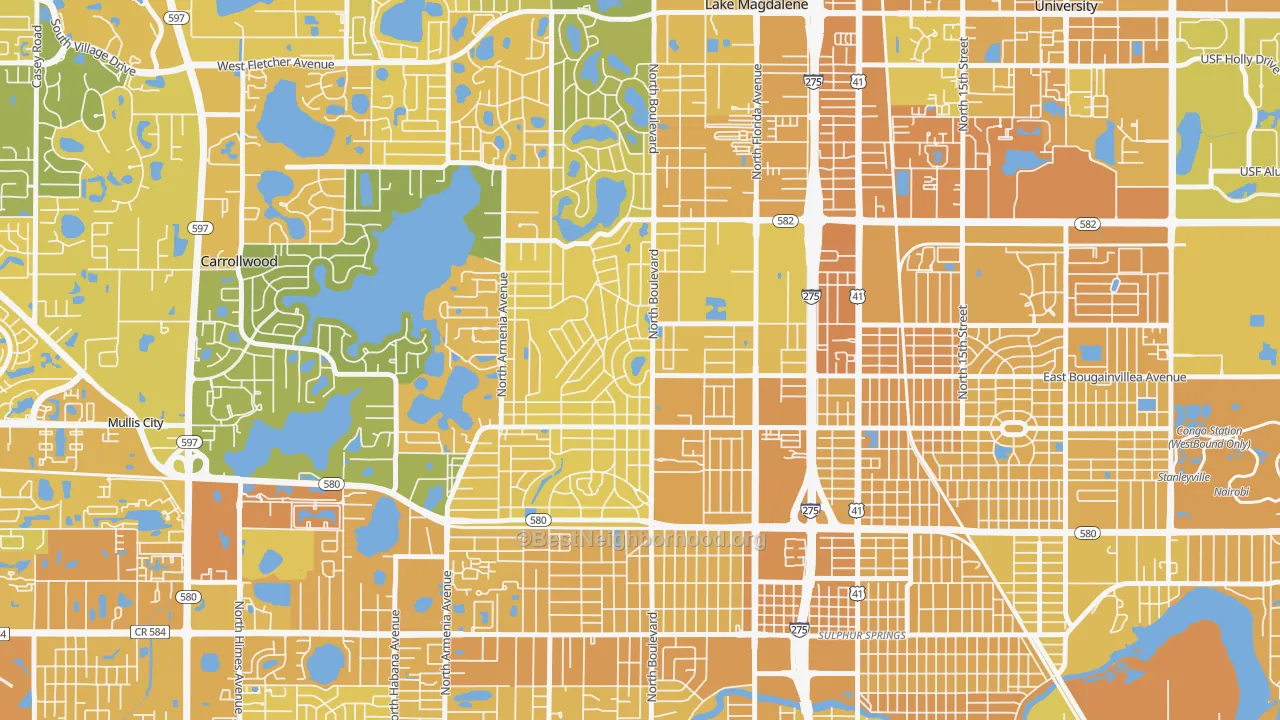 Map of the best neighborhoods in the Forest Hills, Tampa area, with better matches in green and worse matches in red