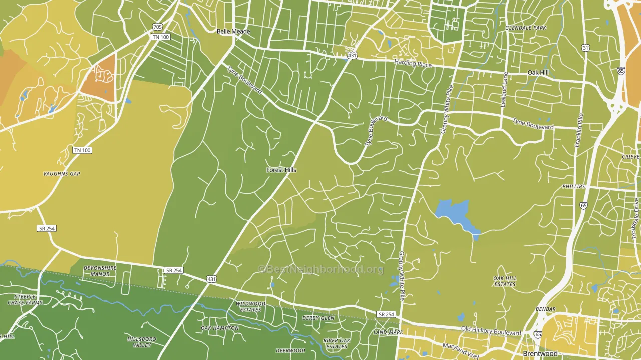 Map of the best neighborhoods in the Forest Hills area, with better matches in green and worse matches in red