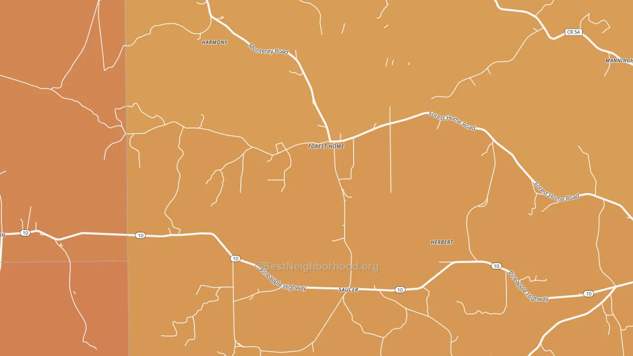 Map of the best neighborhoods in the Forest Home area, with better matches in green and worse matches in red
