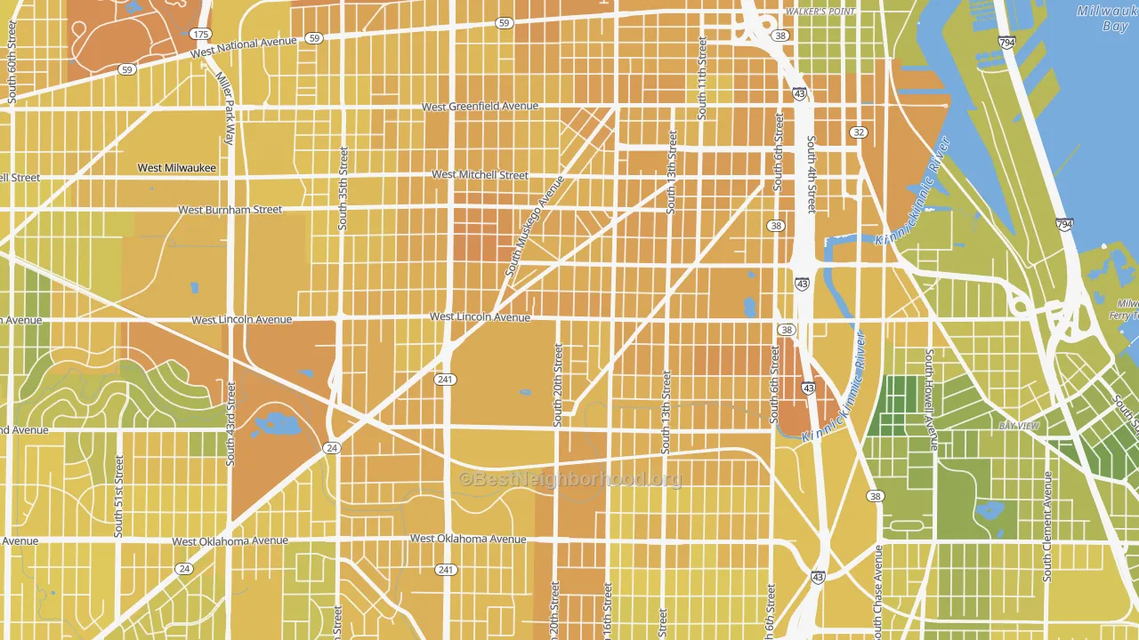 Map of the best neighborhoods in the Forest Home Hills, Milwaukee area, with better matches in green and worse matches in red