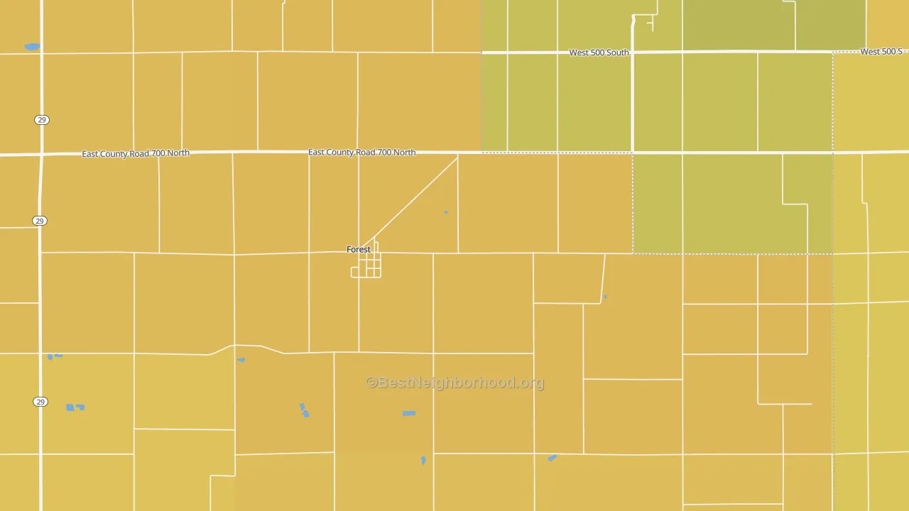 Map of the best neighborhoods in the Forest area, with better matches in green and worse matches in red