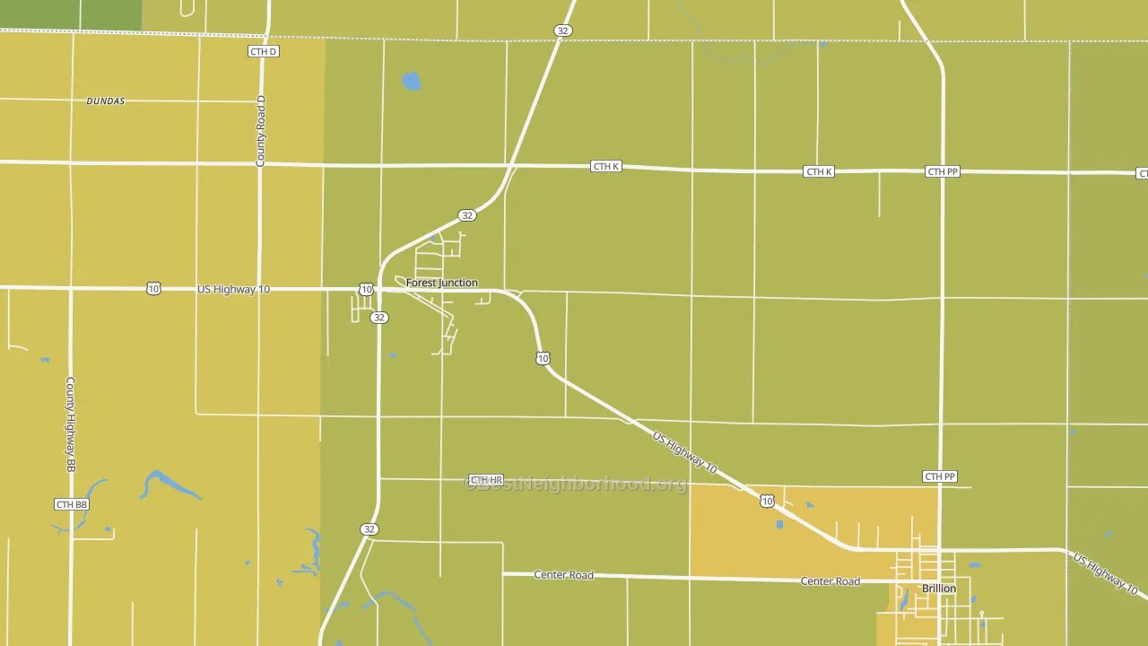 Map of the best neighborhoods in the Forest Junction area, with better matches in green and worse matches in red