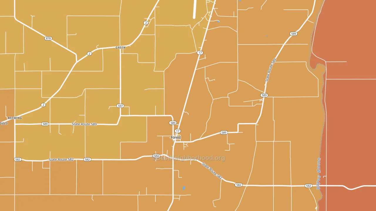 Map of the best neighborhoods in the Forest area, with better matches in green and worse matches in red