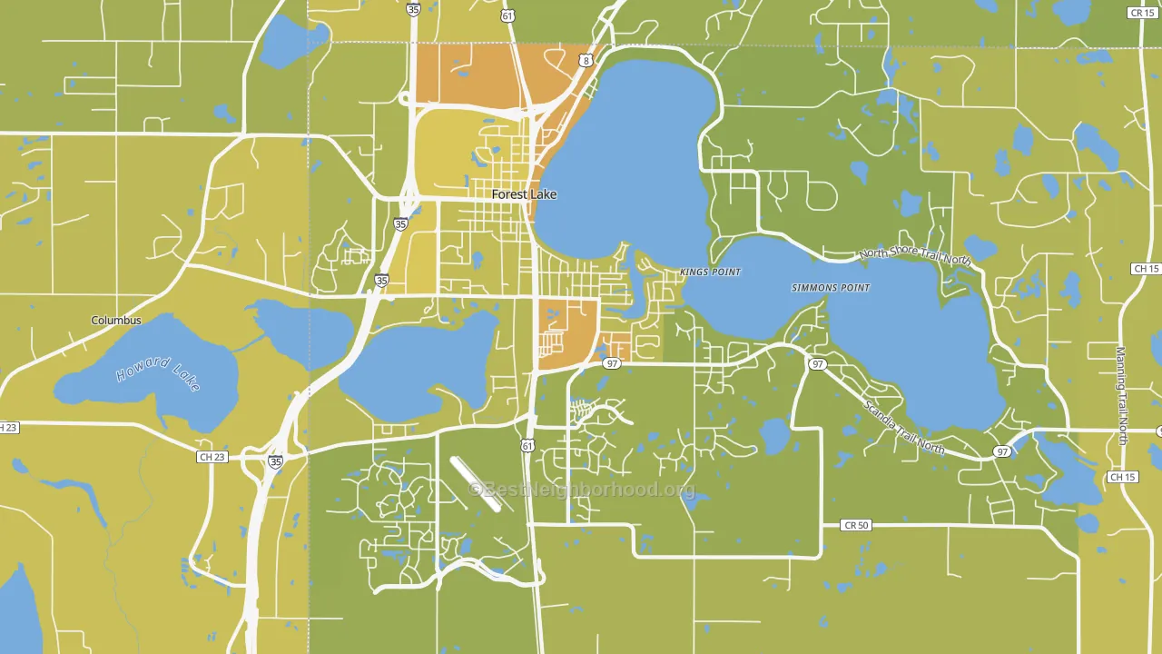 Map of the best neighborhoods in the Forest Lake area, with better matches in green and worse matches in red