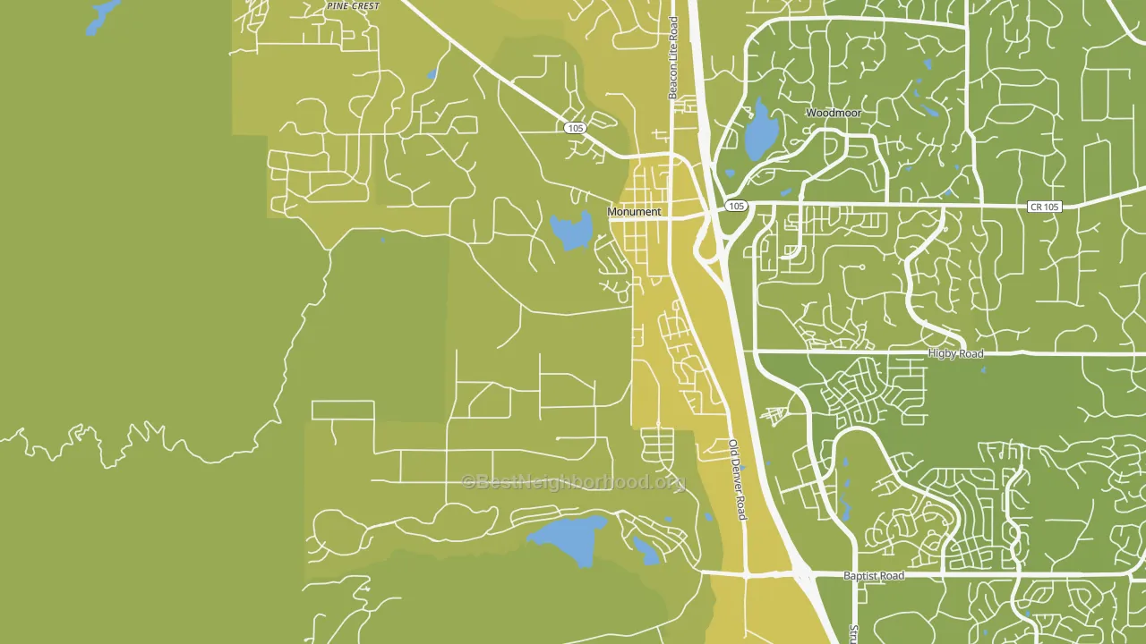 Map of the best neighborhoods in the Forest Lakes, Monument area, with better matches in green and worse matches in red