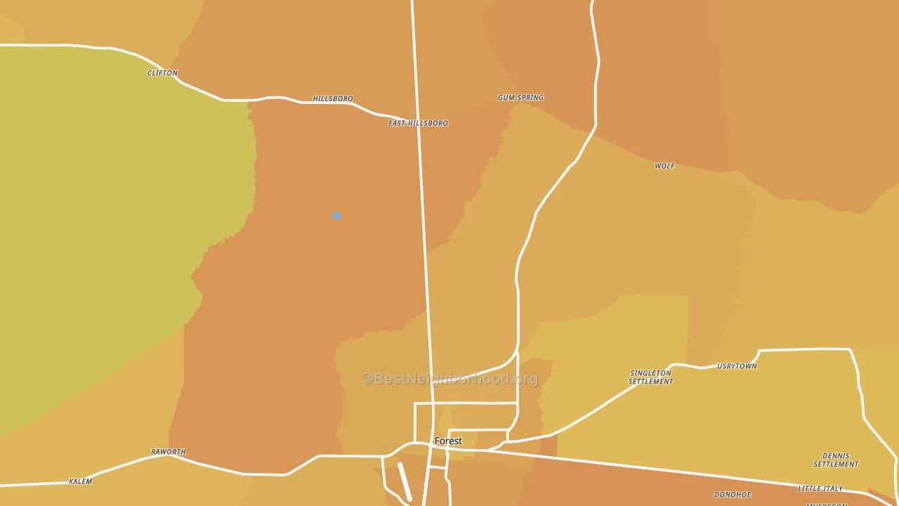 Map of the best neighborhoods in the Forest area, with better matches in green and worse matches in red