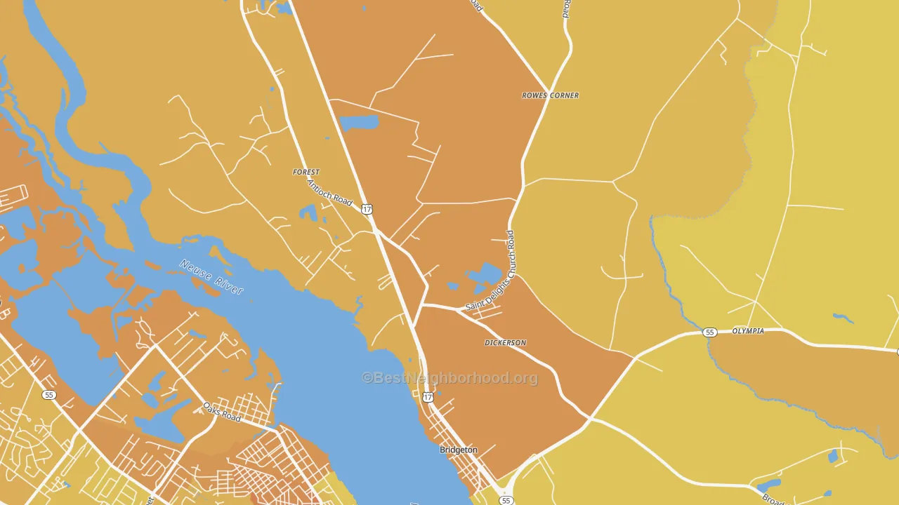 Map of the best neighborhoods in the Forest area, with better matches in green and worse matches in red