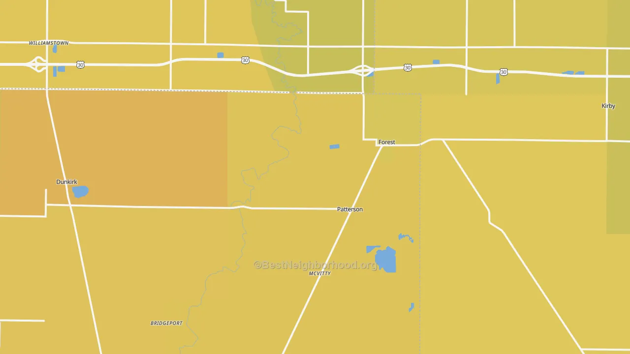 Map of the best neighborhoods in the Forest area, with better matches in green and worse matches in red
