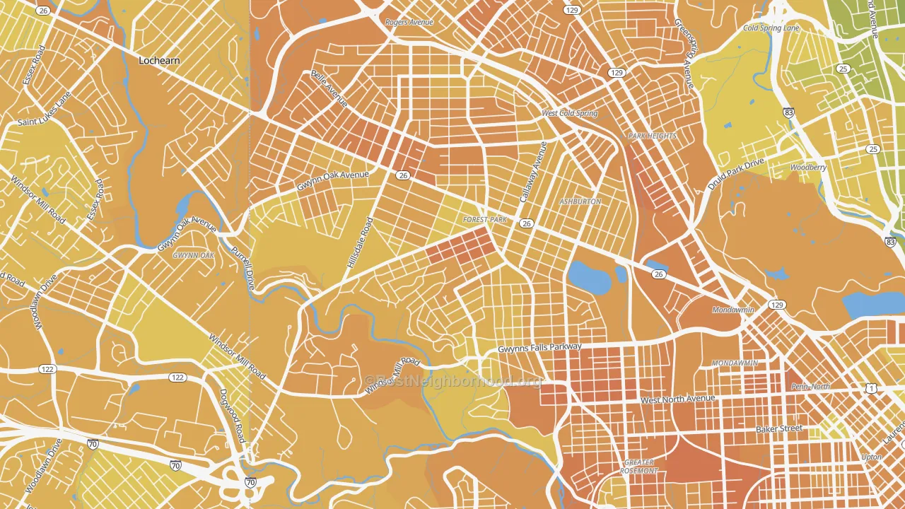 Map of the best neighborhoods in the Forest Park, Baltimore area, with better matches in green and worse matches in red