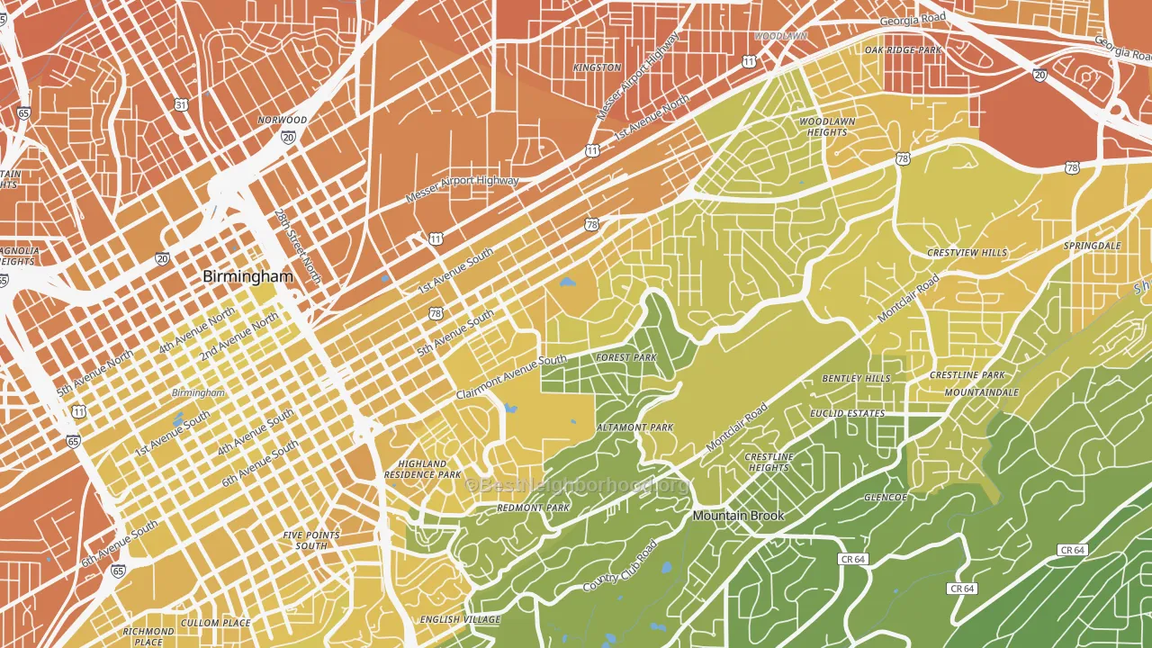 Map of the best neighborhoods in the Forest Park, Birmingham area, with better matches in green and worse matches in red