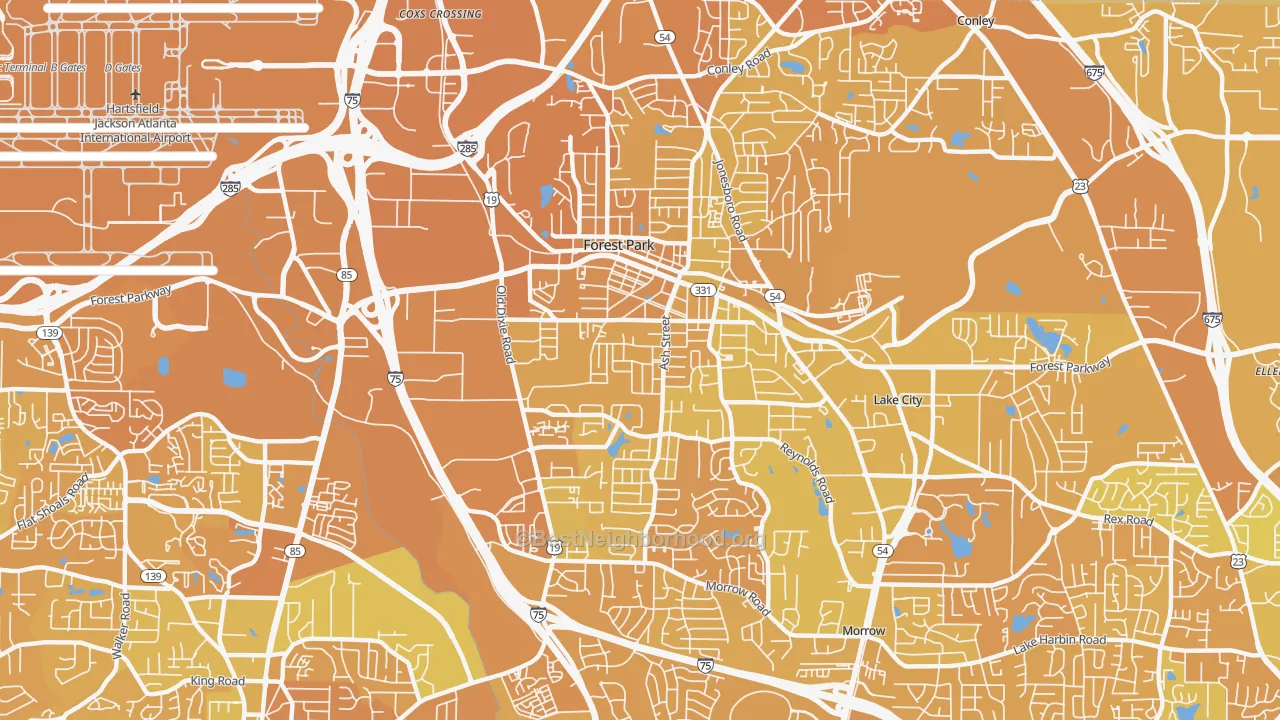 Map of the best neighborhoods in the Forest Park area, with better matches in green and worse matches in red