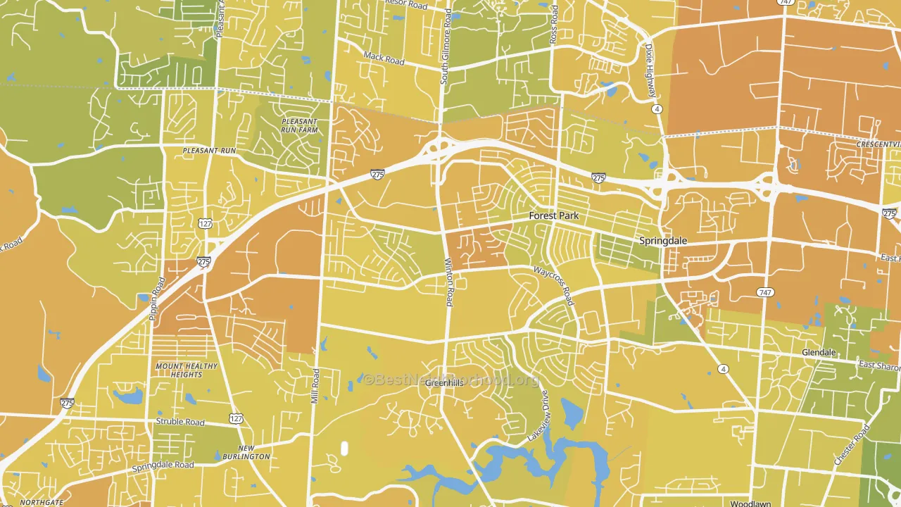 Map of the best neighborhoods in the Forest Park area, with better matches in green and worse matches in red
